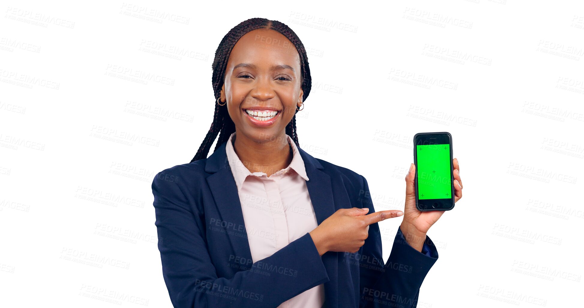 Buy stock photo Woman, portrait and phone with green screen for business, transparent and isolated background. Person, happiness and African sales agent for technology of mobile for website with internet and png