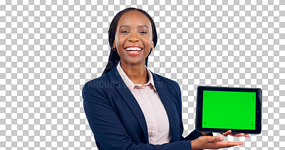 Buy stock photo Happy employee, portrait and tablet with green screen for business, tracking markers. Person, smile and African sales agent for technology of mobile for website with internet and isolated and png