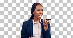 Phone call, business and black woman with conversation, speaker and connection on white studio background. African person, model and employee with a smartphone, communication and talking with network