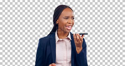Buy stock photo Phone call, business and black woman with conversation, speaker and connection. African person, model and employee with smartphone, communication and talking isolated on a transparent, png background
