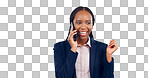 Business woman, smile and phone call in studio for consulting contact, chat or talk on grey background. Happy african worker, mobile communication and conversation for feedback, networking or connect
