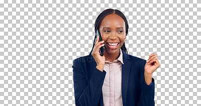 Buy stock photo Business woman, smile and phone call with communication for opportunity, excited or feedback. Black person, cellphone and isolated transparent png background for conversation, networking or connect