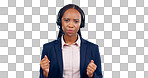 Call center, customer support and portrait of black woman on gray background talking, speaking and consulting. Telemarketing service, communication and person with headset for contact in studio