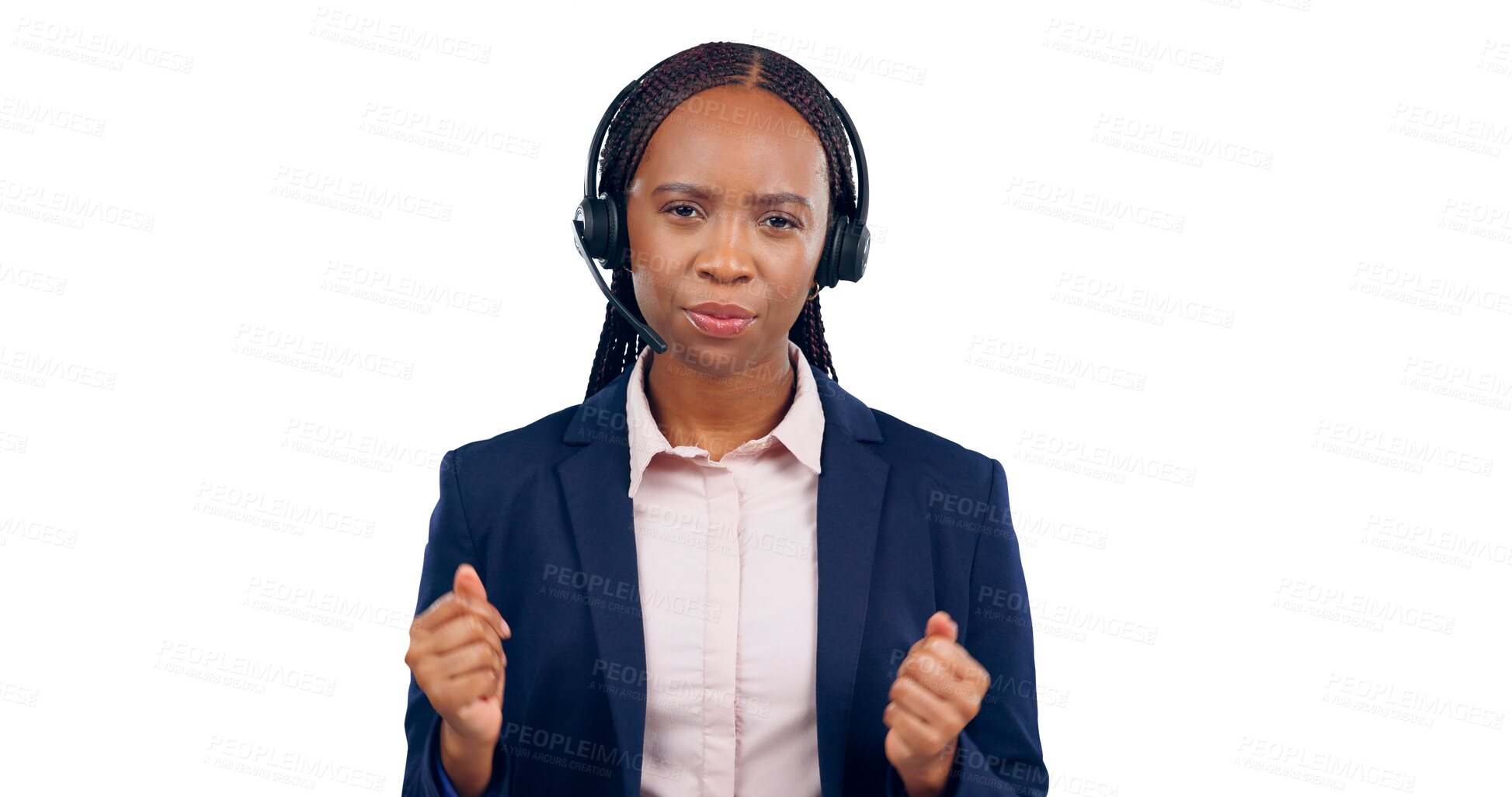 Buy stock photo Call center, woman and portrait for customer service, communication or CRM questions. IT support or telemarketing agent or african consultant with microphone isolated on a transparent, png background
