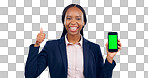 Green screen, phone and thumbs up by business woman in studio with mockup on grey background. Smartphone, app and portrait of African female entrepreneur with emoji, vote or support for app platform