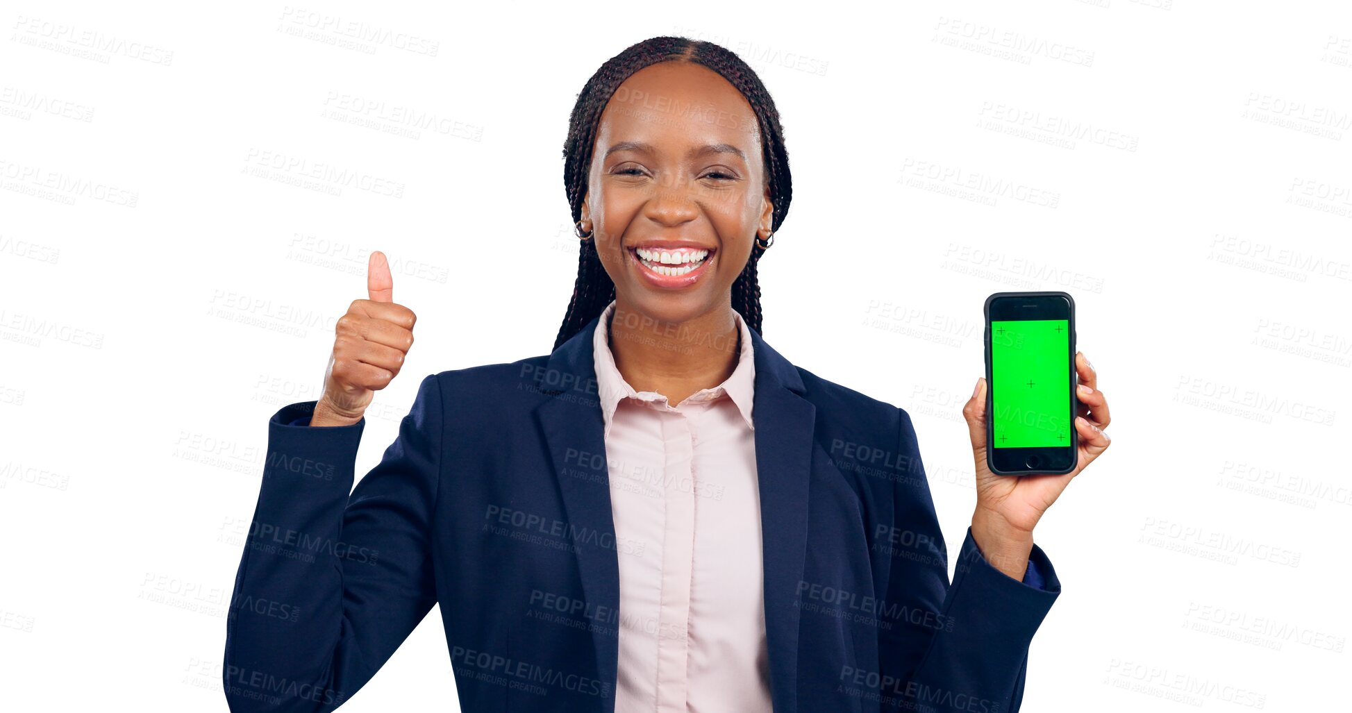 Buy stock photo Green screen, phone and thumbs up by business woman in transparent, isolated and png background. Smartphone, portrait and African female entrepreneur with smile, support and approve for app platform