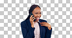 Happy, phone call and business woman laughing in studio with news, networking or joke on grey background. Smartphone, smile and African female entrepreneur with funny conversation, comedy or humor