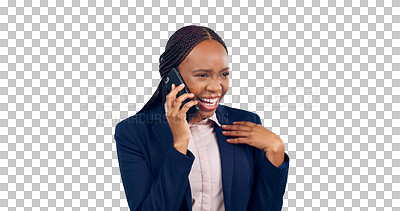 Buy stock photo Business woman, laughing and phone call or connection joke or technology, gossip or funny. Black person, cellphone and humor or isolated transparent png background or conversation, networking or meme