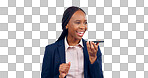 Business woman, phone call and voice with speaker in studio for translation app, sound and contact on grey background. Happy african worker, communication and talk on mobile microphone for audio chat