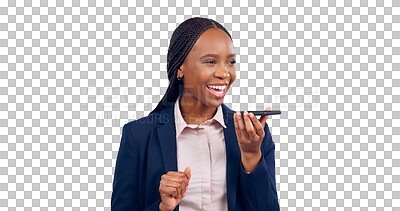 Buy stock photo Business woman, smile and phone call or speaker for opportunity, communication or feedback. Black person, cellphone and isolated transparent png background for conversation, networking or connect