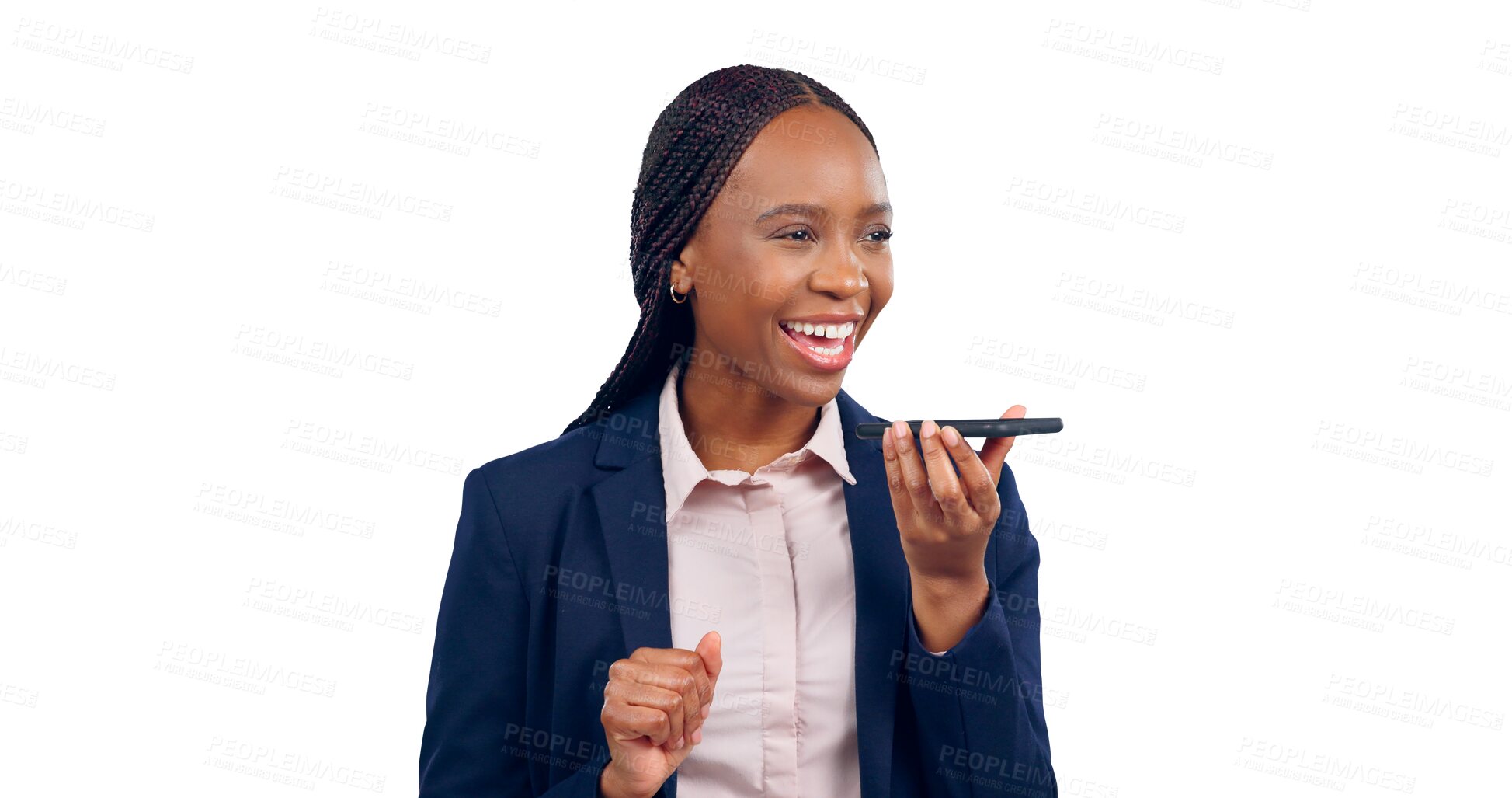 Buy stock photo Business woman, smile and phone call or speaker for opportunity, communication or feedback. Black person, cellphone and isolated transparent png background for conversation, networking or connect