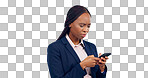 Thinking, phone and annoyed black woman confused by text in studio for fake news, review or feedback on grey background. Doubt, face and African small business owner with smartphone scam notification