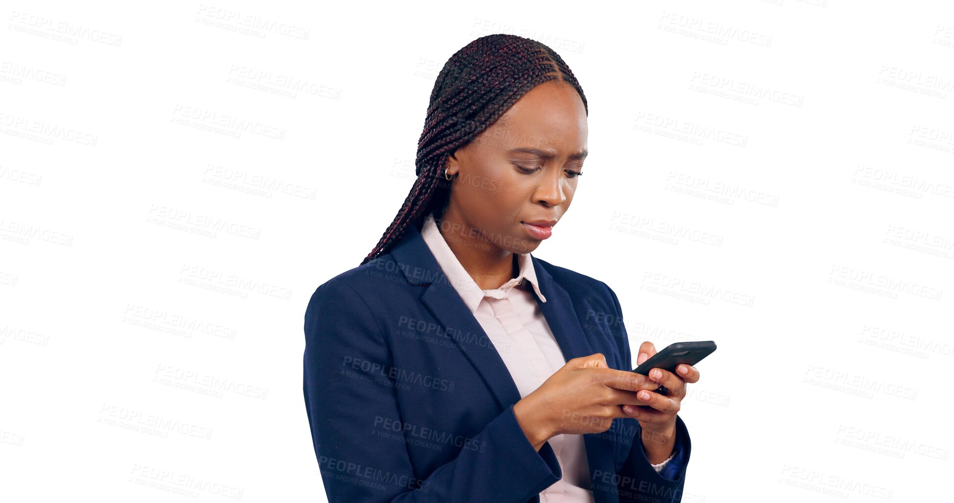 Buy stock photo Phone, business and black woman with conversation, texting and connection. African person, model and employee with smartphone, communication and talking isolated on a transparent, png background