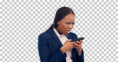 Buy stock photo Phone, business and black woman with confusion, texting and connection. African person, model and employee with smartphone, communication and talking isolated on a transparent, png background