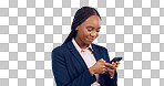 Business woman, studio and smartphone for reading notification, mobile chat and social network. Happy african worker scroll on cellphone, news app and search digital information on grey background 