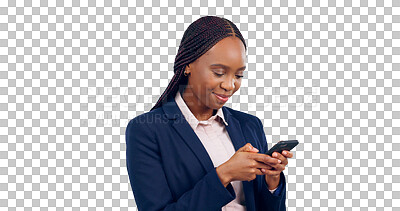 Buy stock photo Phone, business and black woman with conversation, happiness and connection. African person, model and employee with smartphone, communication and talking isolated on a transparent, png background