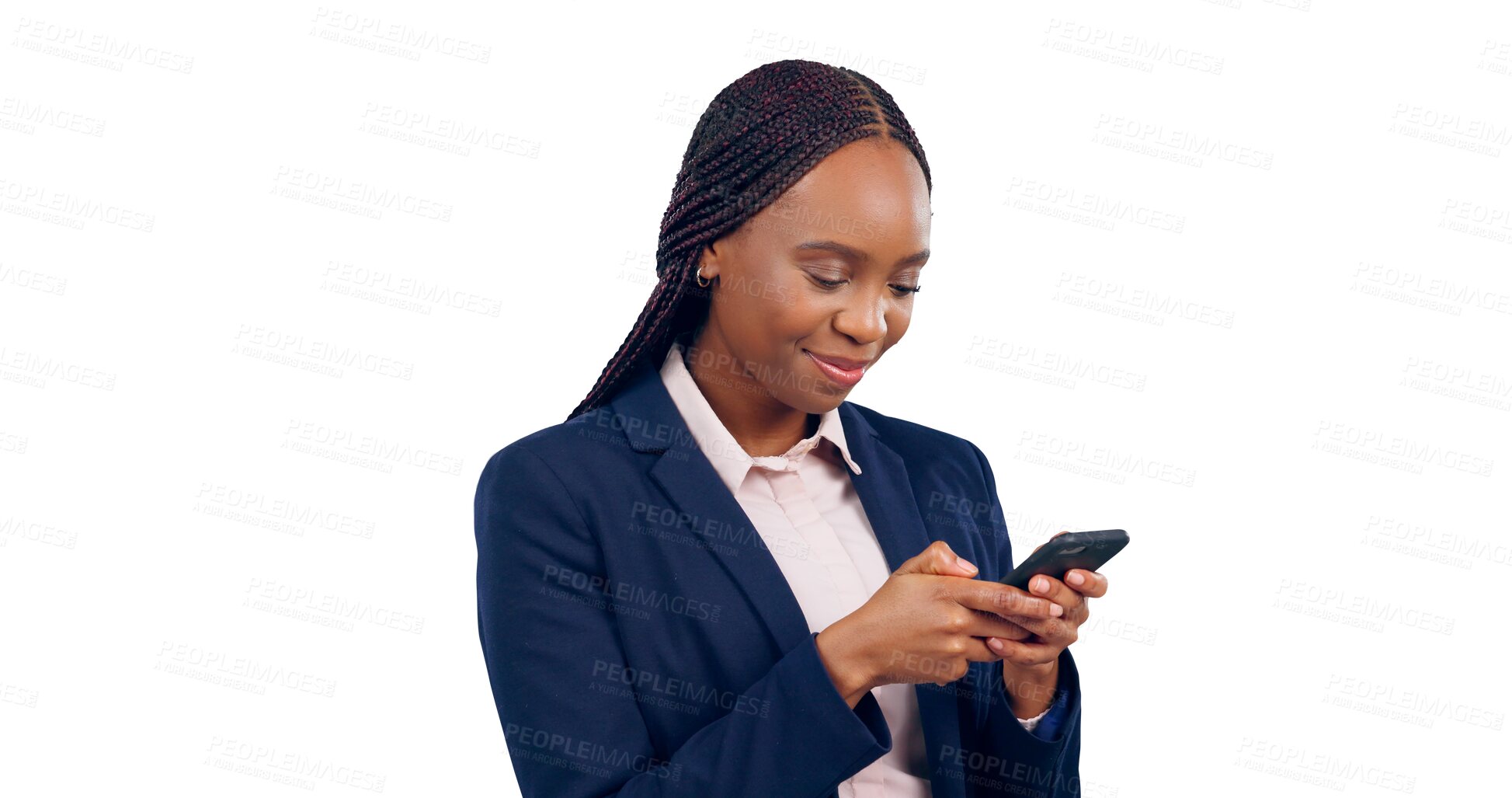 Buy stock photo Phone, business and black woman with conversation, happiness and connection. African person, model and employee with smartphone, communication and talking isolated on a transparent, png background