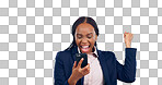 Business woman, winning and phone in studio for success, celebrate profit and bonus promotion on grey background. Excited african worker, achievement and fist for mobile deal, news of reward or prize