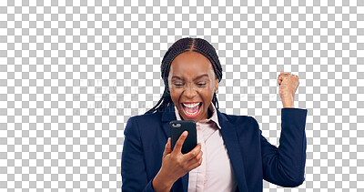 Buy stock photo Business woman, cellphone and fist or celebration in career opportunity, announcement or congratulations. Black person, hands and smartphone or isolated transparent png background, excited or review