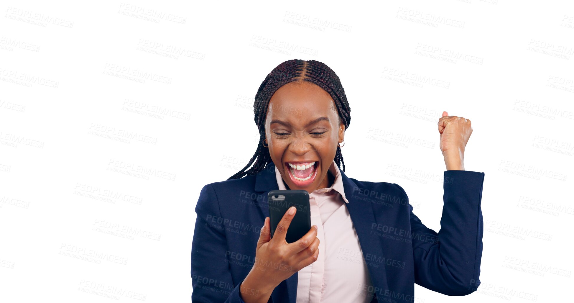 Buy stock photo Business woman, cellphone and fist or celebration in career opportunity, announcement or congratulations. Black person, hands and smartphone or isolated transparent png background, excited or review