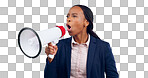 Megaphone, speech and angry business woman in studio for  change, transformation or freedom on grey background. Corporate, justice and female speaker with bullhorn noise for announcement attention