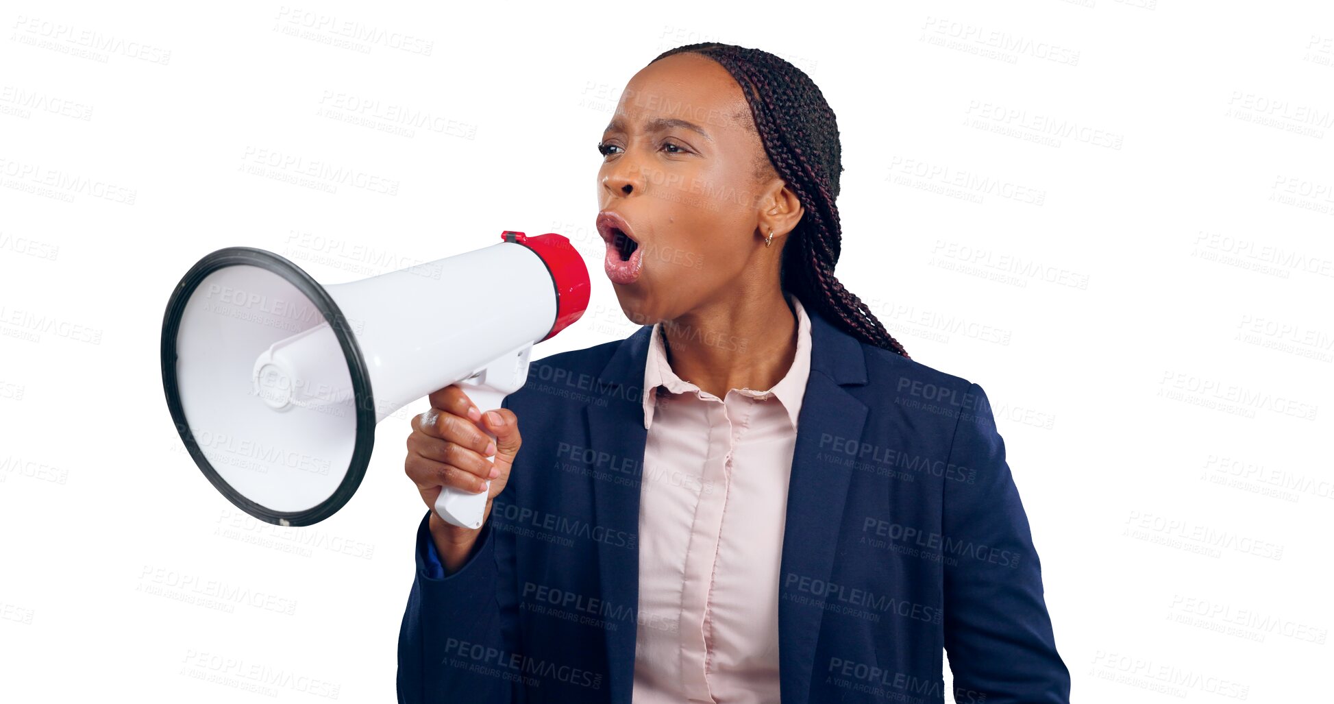 Buy stock photo Megaphone, speaker and angry business woman with news or announcement on transparent or png background. Corporate, justice and isolated person with speech, noise and bullhorn for attention on voice