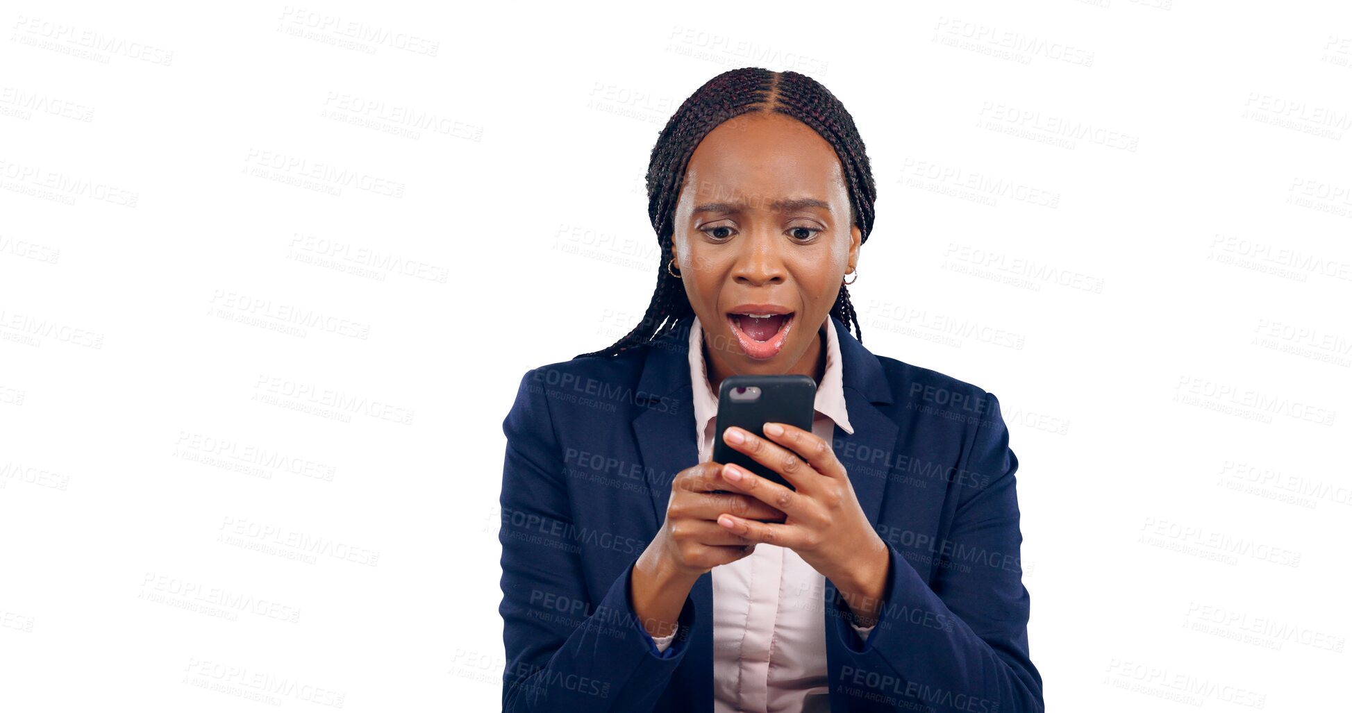 Buy stock photo Business woman, cellphone and shock online communication for fake news, feedback or review. Female person, smartphone and social media or isolated transparent png background or surprise, spam or hack