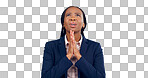 Praying, religion and black woman in a studio for gratitude, forgiveness and hope compassion. Blessing, spiritual and young African female person with prayer hand gesture isolated by gray background.