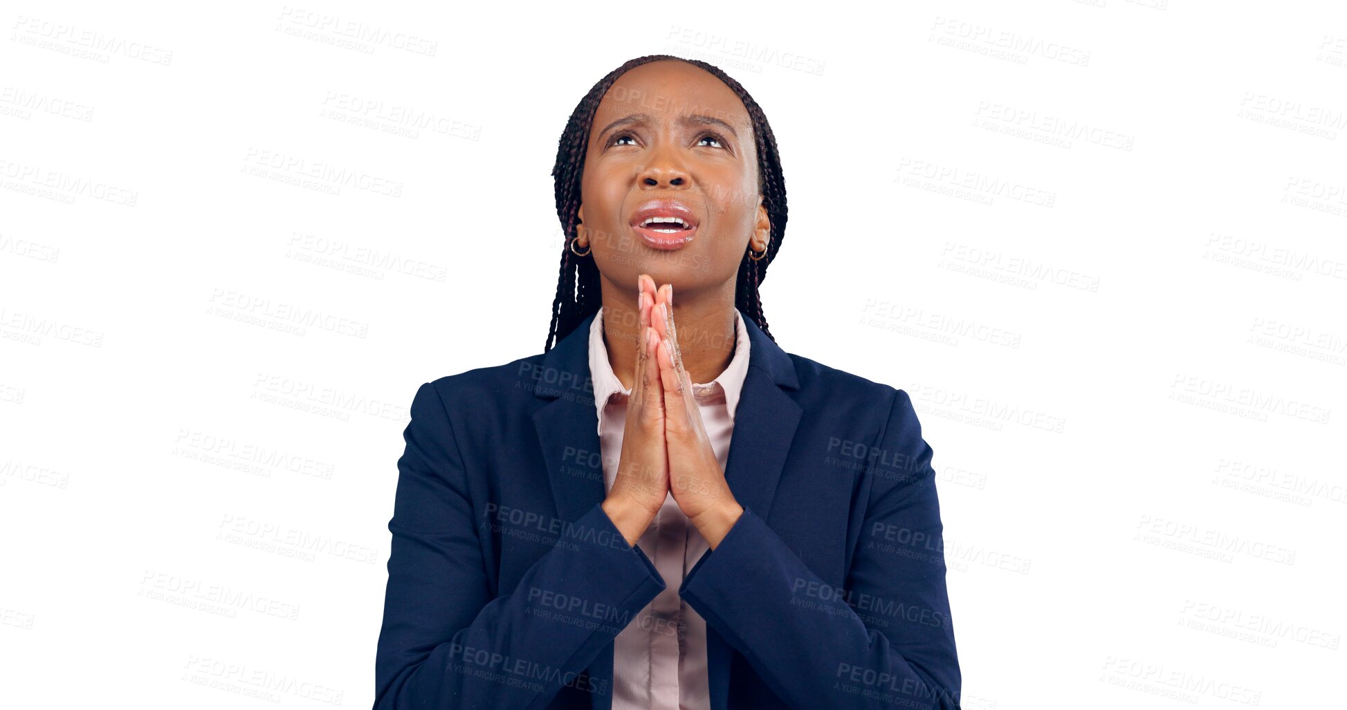Buy stock photo Businesswoman, prayer and hands with hope for promotion, results or opportunity in corporate. Nervous, woman and stress with praying for announcement on isolated, transparent and png background