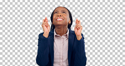 Buy stock photo Fingers crossed, business woman and hope for luck with waiting for announcement, news and anxiety for results. Nervous, african person and hand emoji or trust isolated on a png transparent background