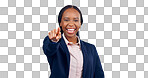 Business woman, portrait and pointing to you in studio for choice, decision and join us on grey background. Happy african worker show finger for recruitment, hiring emoji or invitation for onboarding