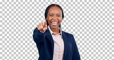 Buy stock photo Happy, pointing and portrait of business woman with isolated, direction or choice hand gesture. Smile, professional and young African female person with decision by transparent png background.