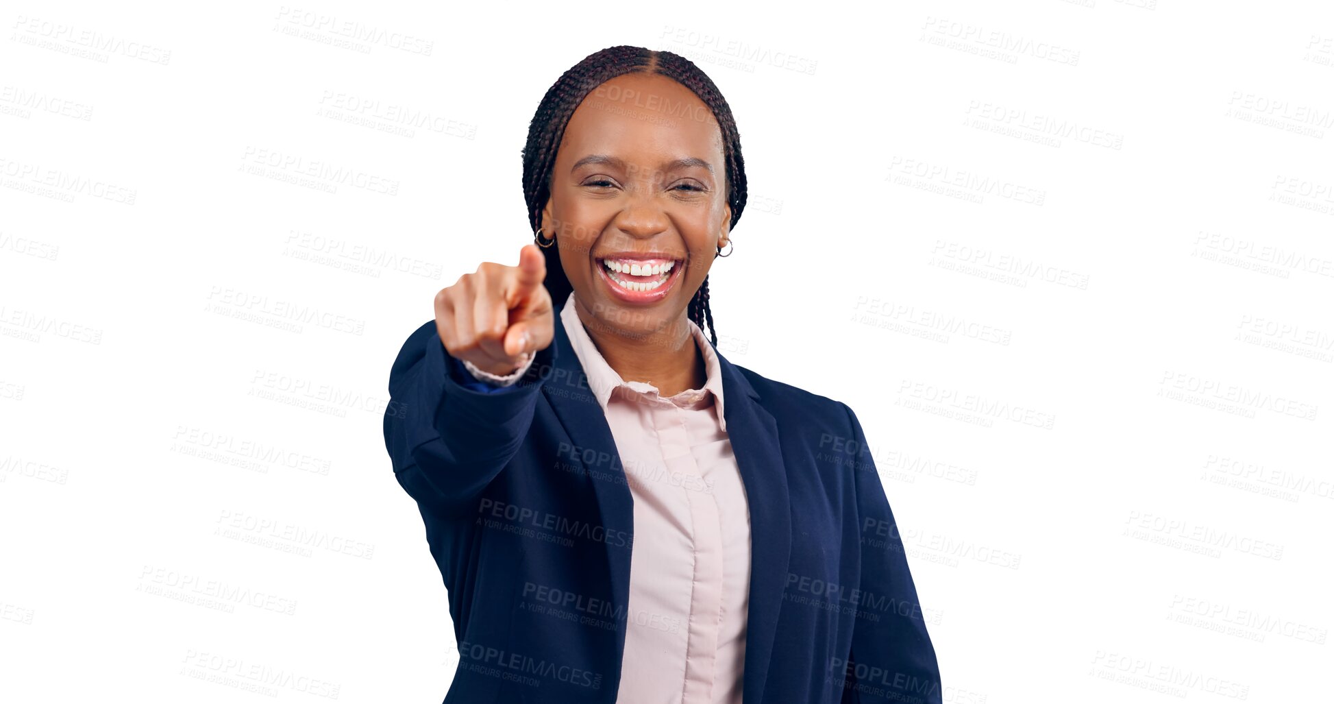 Buy stock photo Happy, pointing and portrait of business woman with isolated, direction or choice hand gesture. Smile, professional and young African female person with decision by transparent png background.