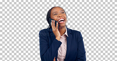 Buy stock photo Business woman, laughing and phone call for communication connection, happy or funny. Black person, cellphone and humor or isolated transparent png background for conversation, networking or joke