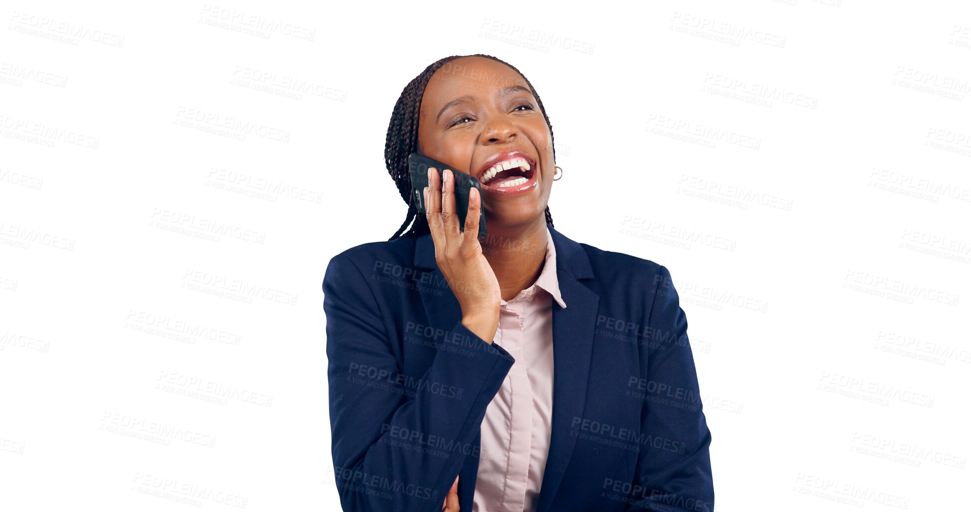 Buy stock photo Business woman, laughing and phone call for communication connection, happy or funny. Black person, cellphone and humor or isolated transparent png background for conversation, networking or joke
