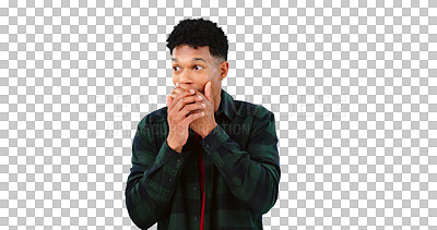 Buy stock photo Surprise, wow and hands on face of man, transparent and png background with shocking news. Shocked, latino male model and isolated for cut out, announcement and promotion and fashion confidence