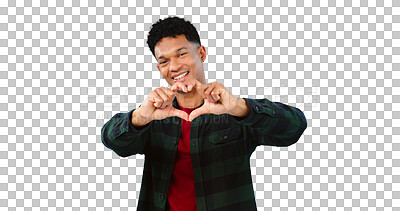 Buy stock photo Heart, hands and portrait of man for support, vote and feedback or isolated on transparent png background. Love, male person and emoji for kindness, peace and gratitude or appreciation and thank you