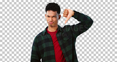 Buy stock photo Thumbs down, fail and portrait of man, vote and bad review or isolated on transparent png background. Unhappy, male person and dislike emoji for mistake, feedback and rejection or symbol for disagree