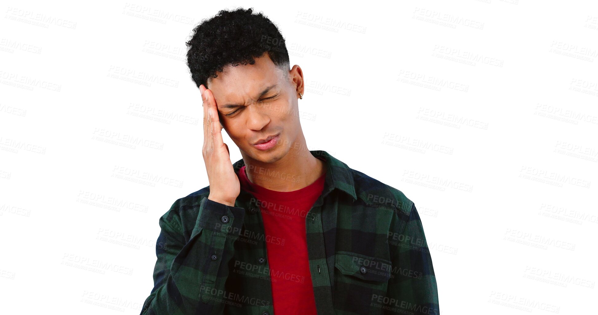 Buy stock photo Burnout, headache and man with pain for stress, frustrated or mental health. Overworked, emoji and face of model for mistake, fail or compliance review isolated on a transparent, png background
