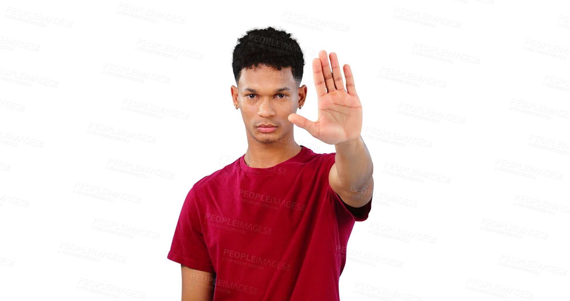 Buy stock photo Portrait, man and hand for stop in warning, order and threat or isolated on transparent png background. Male person, palm and forbidden or rejection, danger and protest for protection or safety