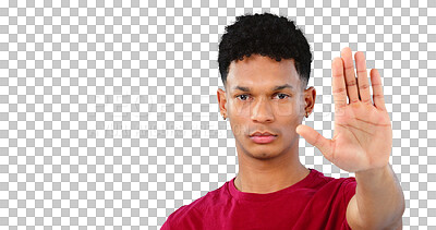 Buy stock photo Hand, man and stop or serious in portrait with command or security, no entry and protest isolated on png transparent background. Refuse, deny and warning with palm up, body language and rejection