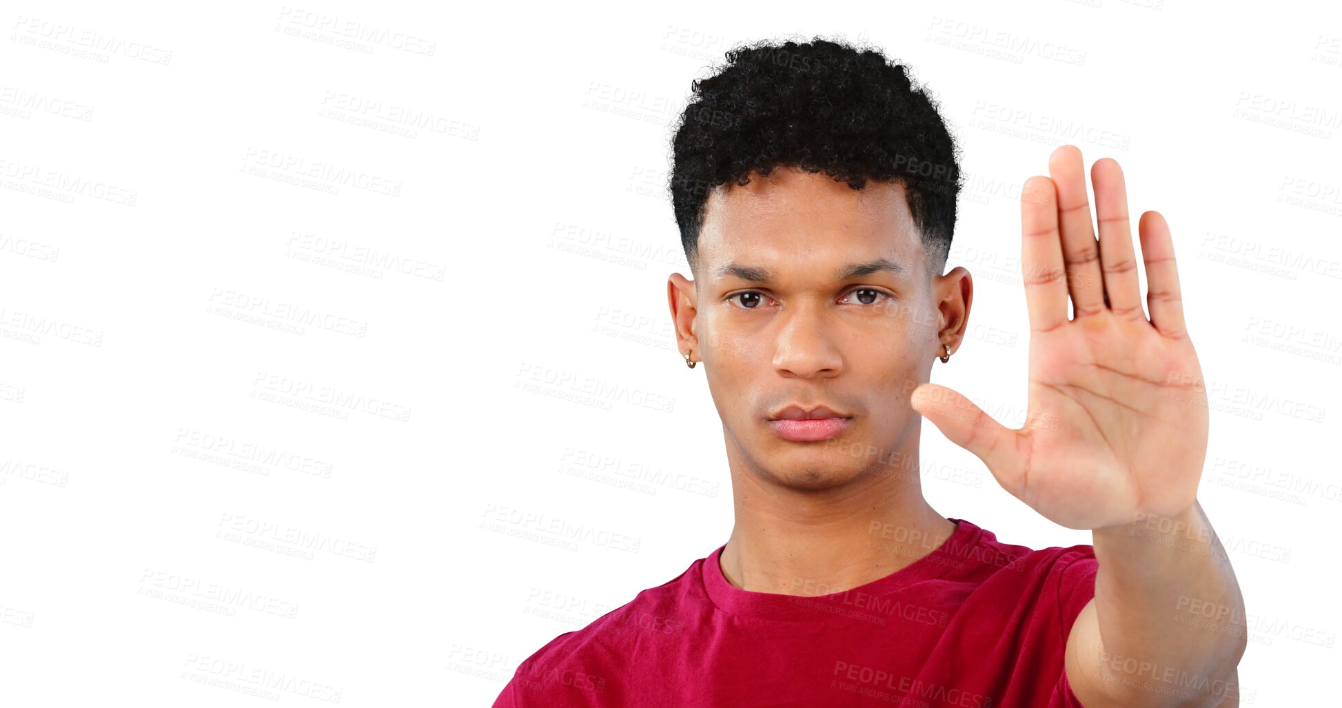 Buy stock photo Hand, man and stop or serious in portrait with command or security, no entry and protest isolated on png transparent background. Refuse, deny and warning with palm up, body language and rejection