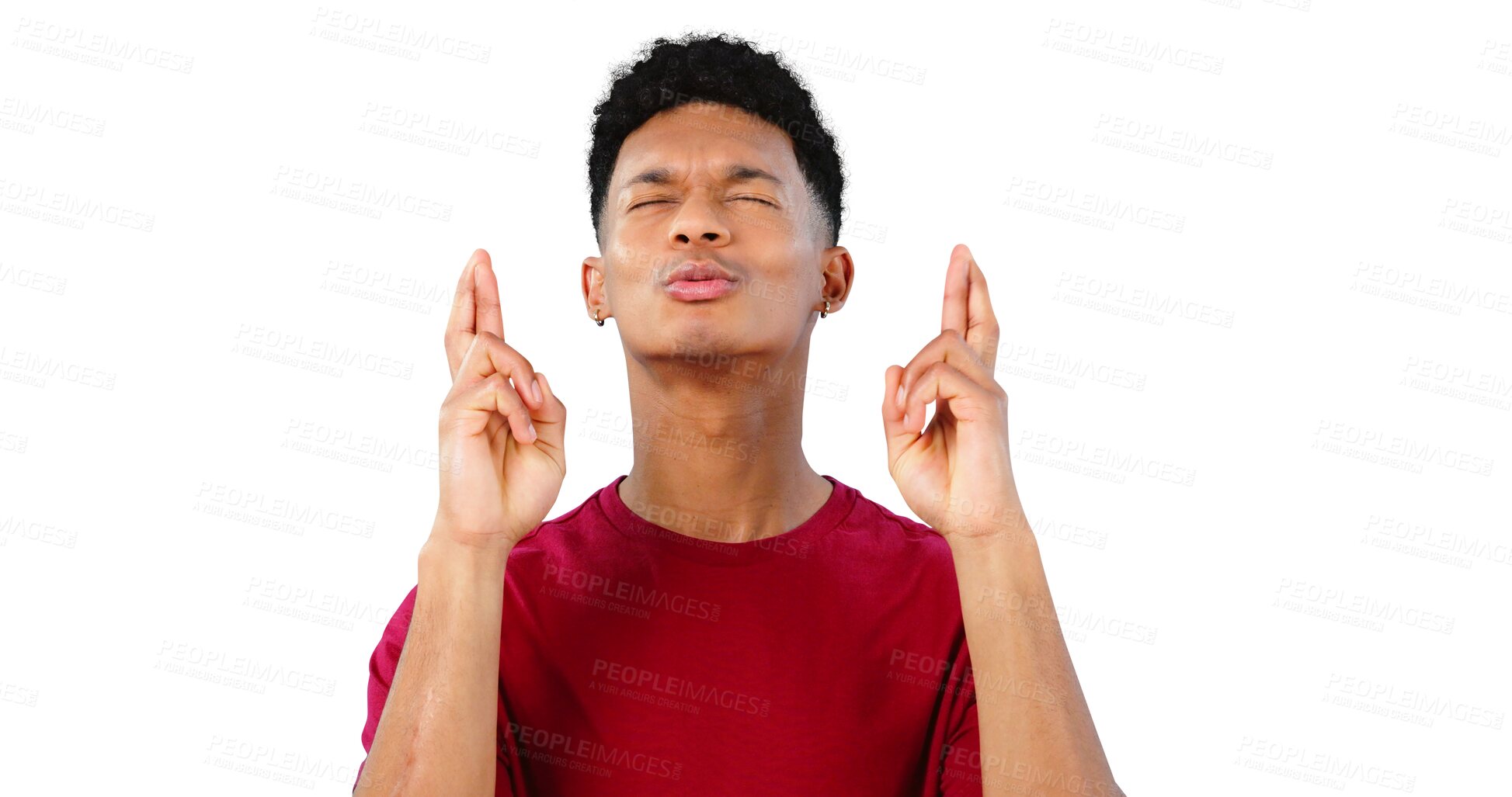 Buy stock photo Man, fingers crossed and hope with praying for good luck, hand gesture or faith for results on png transparent background. Emoji, anxiety or nervous, giveaway or bonus with isolated and superstition