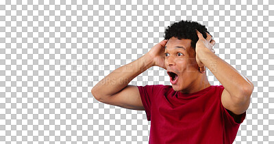 Buy stock photo Man, surprise and mouth open for announcement, reaction and shock isolated on png transparent background. Wow, facial expression for drama or gossip, mind blowing info and secret news with alarm