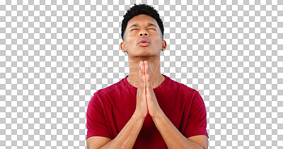 Buy stock photo Religion, praying or man with hope, gratitude and spiritual belief isolated transparent png background. Prayer, eyes closed and Christian male person in Mexico speaking or talking for worship to God 