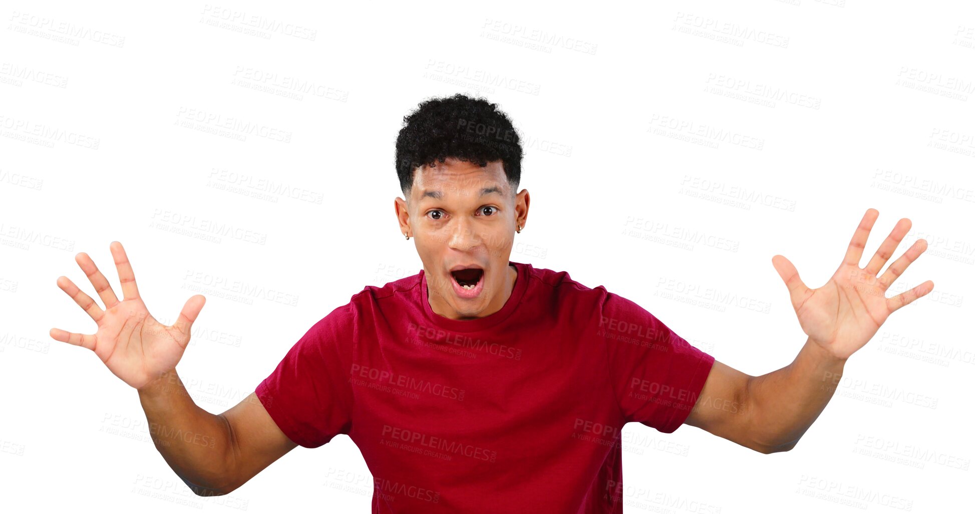Buy stock photo Man, surprise and excited for celebration, portrait and happy for good news isolated on a transparent png background. Energy, winning and wow for achievement, success and cheers for bonus promotion