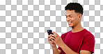 Man, smile and phone for social media in studio on blue background with mock up for announcement. Cape Town, male model and reading of notification, alert or offer on mobile app, website or internet