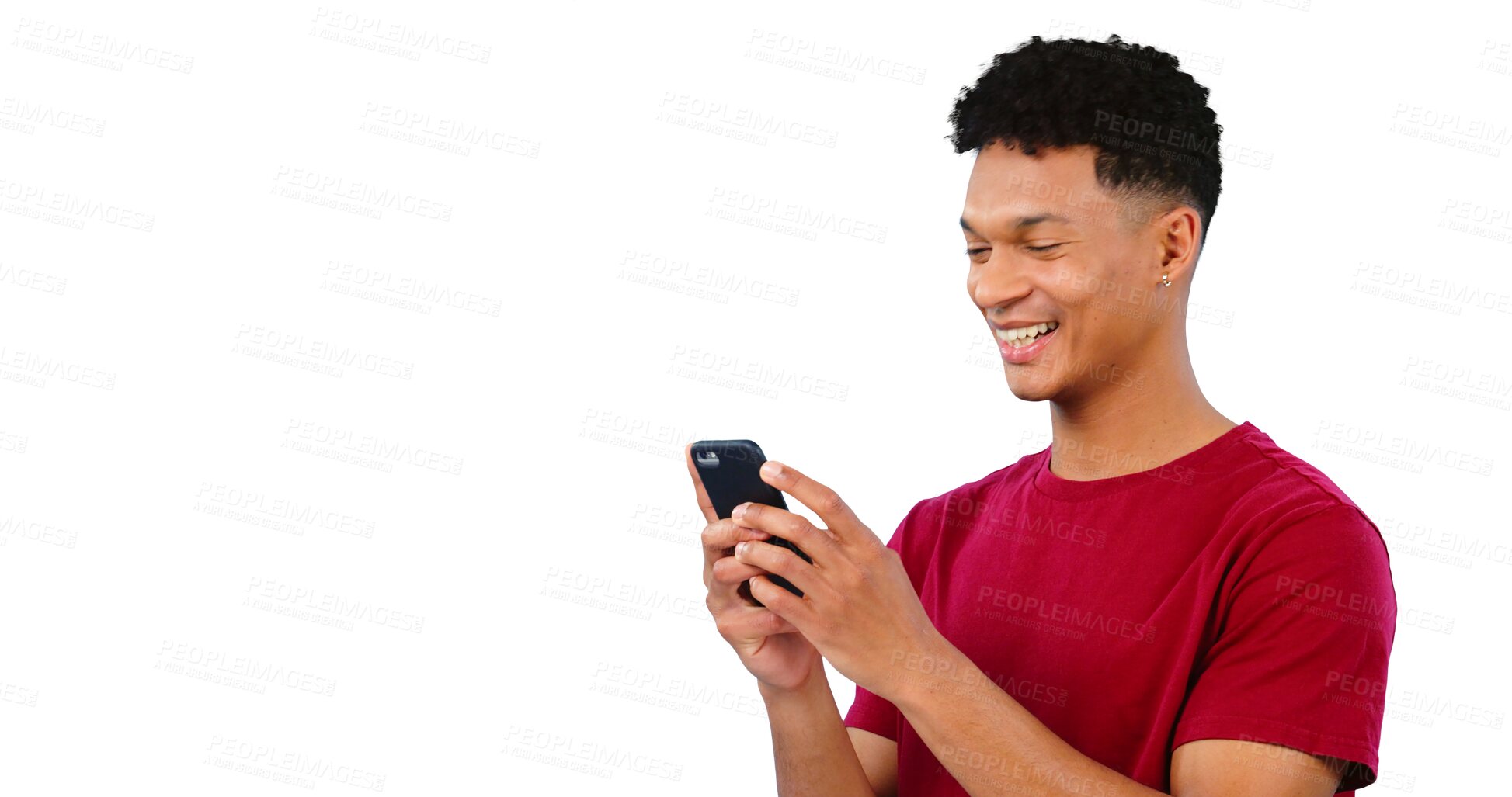 Buy stock photo Phone, reading or happy man on social media or online for entertainment blog or texting on website. Isolated, transparent png background or person on mobile app to scroll for news post on internet