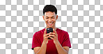 Man, smile and texting on phone in studio for communication mock up on blue background. Young, person, model and Cape Town with mobile app, message or social media by internet, connection or cellular