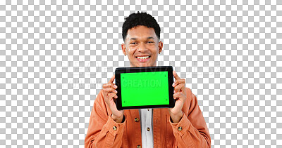 Buy stock photo Portrait, smile and man with green screen on tablet for social media on transparent, isolated or png background. Happy, person and presentation of technology online for streaming a video on app